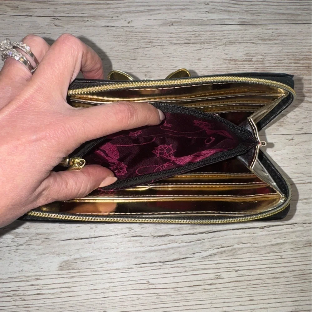 Betsey Johnson Zip Around Wallet Black  Quilted Hearts White Gold Metal Bow